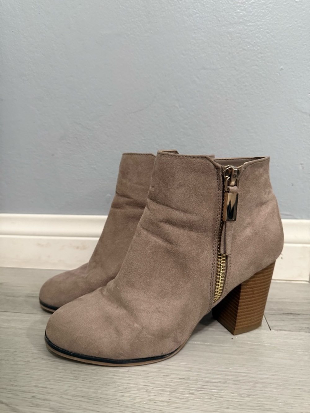9.5W Taupe Suede Ankle Booties with Wooden Block Heel